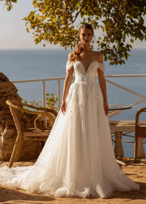 Off Shoulder Beaded Ivory Lace Tulle Timeless Wedding Dress